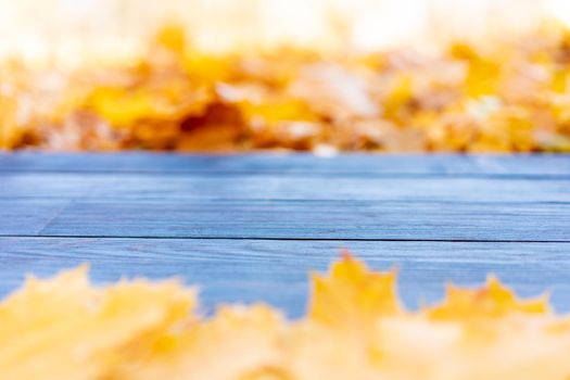Empty wooden table nature bokeh background with autumn yellow maple leaf boarder Template mock up for display of product Copy space