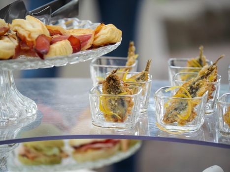 event catering finger food buffet with seafood and vegan snacks