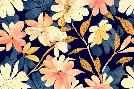 Colorful seamless floral pattern with abstract flowers, leaves and berries