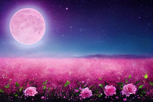 Magical fantasy enchanted fairy tale landscape with fabulous fairytale blooming pink rose flowers