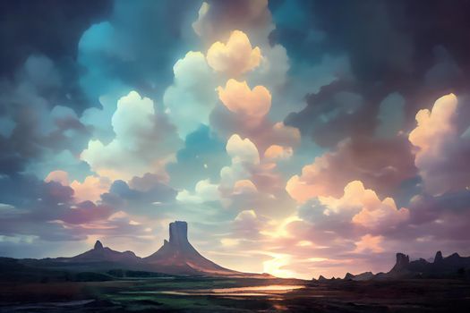 dreamy anime style summer wilderness landscape with mesa mountains , neural network generated art
