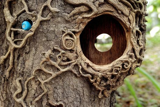 A small fairy door carved into a tree