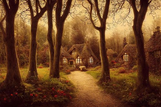 Artistic image of an enchanted English style cottage