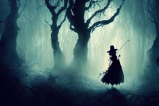 deep fairy forest silhouette and witch with magic wand,