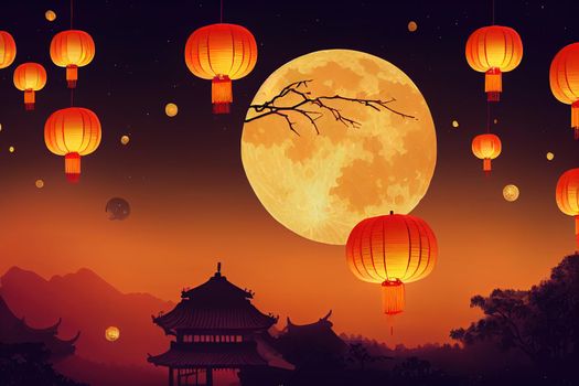 Mid autumn festival illustration with giant rabbit releases sky
