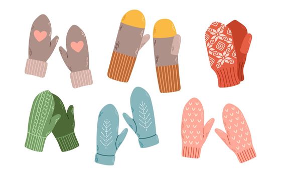 Set of knitted bright woolen mittens winter vector