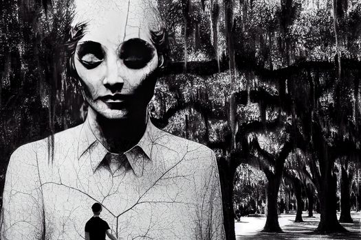 Black and white creepy girl in creepy garden illustration