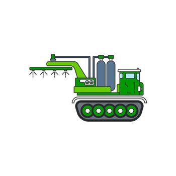 Color flat vector illustration icon industrial farming machinery caterpillar truck fertilizers sprayer. Simple retro style. Agronomy industrial tool transportation. Power harvesting tractor diesel.