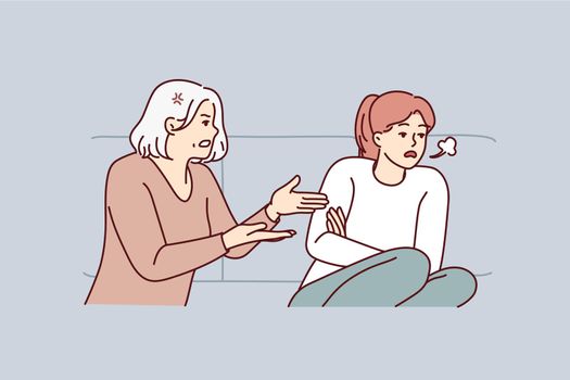 Mature mother scold unhappy grownup daughter at home. Elderly mom lecture stressed annoyed adult girl child. Generation gap. Vector illustration.