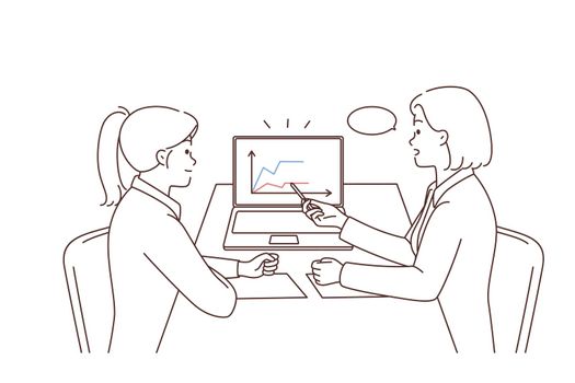 Businesswomen sit at desk discuss financial graphs on computer in office. Successful female colleagues brainstorm over statistics on laptop. Teamwork. Vector illustration.