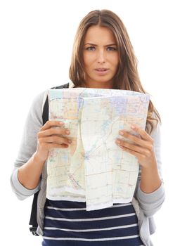 Im lost. A pretty young woman looking at you with confusion while holding a map.