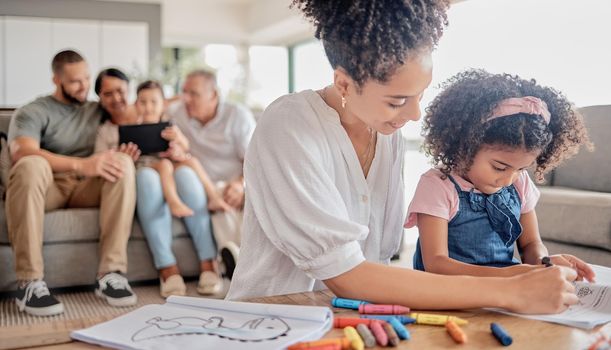Mother helping child drawing with family, teaching and home education for knowledge or creativity development. Black woman mom and kindergarten girl kid with color crayons and book activity together