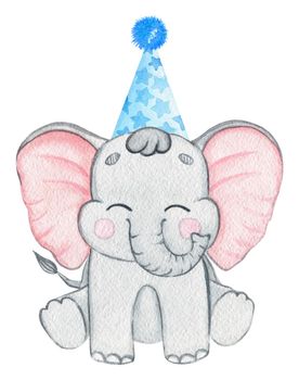 Watercolor elephant in blue party cap isolated on white background