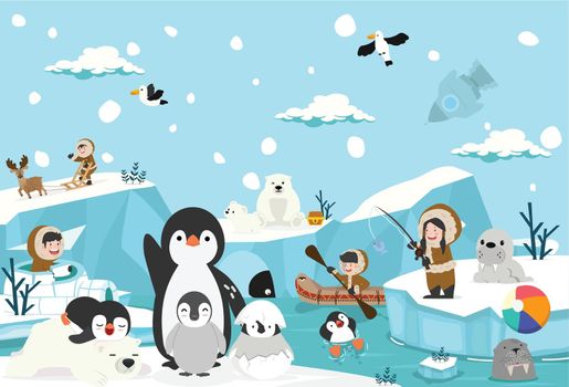 North pole Artic animals cartoon vector background