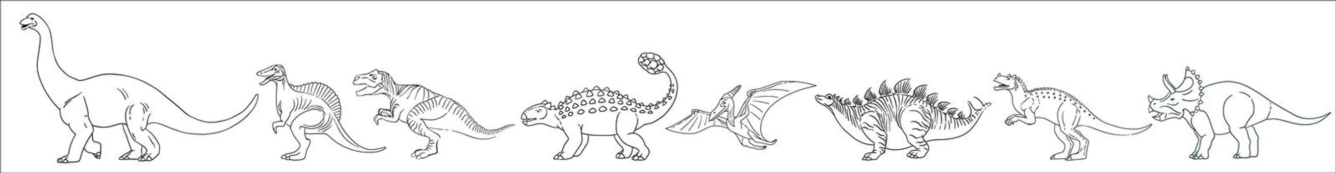 Brontosaurus, Pteranodon, triceratops, T-Rex, Spinosaurus, Stegosaurus, Ankylosaurus, Allosaurus. A set of dinosaurs in black and white in a horizontal row.