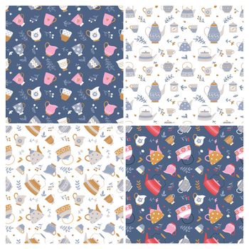 Set of seamless backgrounds with teapots and cups on a white and dark blue background. Simple cartoon style. Suitable for fabric, wallpaper, covers, etc. Vector illustration.