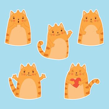 Cat emoticons, sticker collection. Cartoon flat style. Cute ginger cat with different emotions.