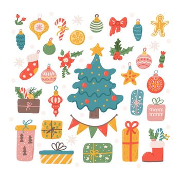 Cute Christmas holiday set with gifts and decorations for the Christmas tree, vector flat illustration in hand drawn style on white background