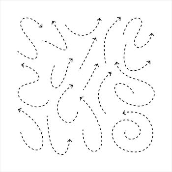 Clean dot arrows style doodle set hand drawn. Curve Dotted line, preliminary