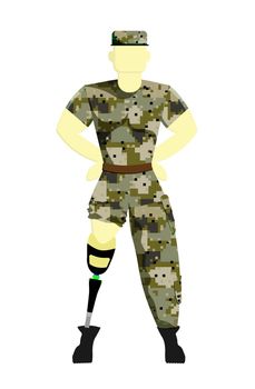 soldier on a prosthesis in military uniform. Disabled person with a prosthesis. Prosthetics. Vector illustration of a serviceman.