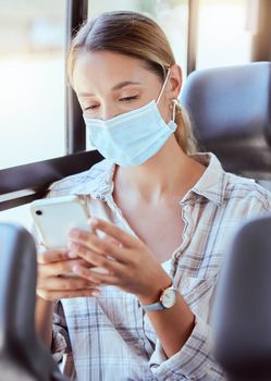 Covid, phone and bus with a woman in a mask using public transport to travel or commute while checking her immigration status online. 5g, safe and mobile with a female in the corona virus pandemic.