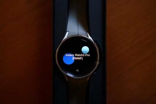 Granada, Andalusia, Spain - September 28, 2022: New Samsung Watch 5 Pro in its box.
