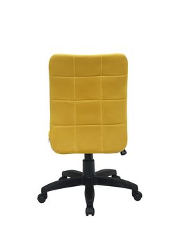 yellow office fabric armchair on wheels isolated on white background, back view