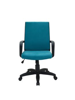 blue office fabric armchair on wheels isolated on white background, front view