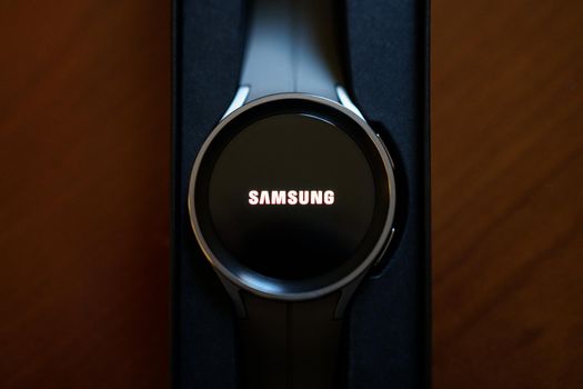 Granada, Andalusia, Spain - September 28, 2022: New Samsung Watch 5 Pro in its box.