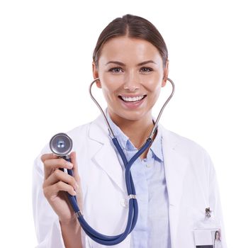 Keeping an eye on your health. A beautiful doctor holding a stethoscope and smiling at the camera.