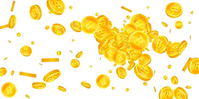 Bitcoin coins falling. Cryptocurrency scattered