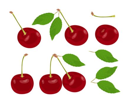 set of ripe red cherries with leaves and stem