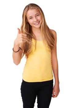 Thumbs up to that idea. Portrait of a positive teen girl isolated on white.