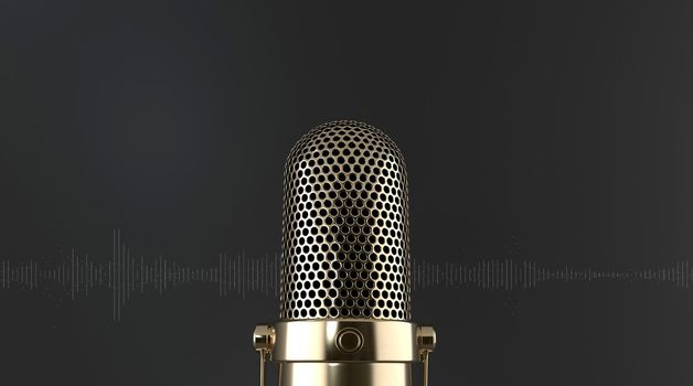 Close-up elegant golden microphone frontally on a black background with sound waves. podcast concept.