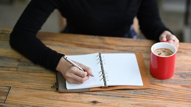 Young woman in sweater planning working schedule writing on notebook.