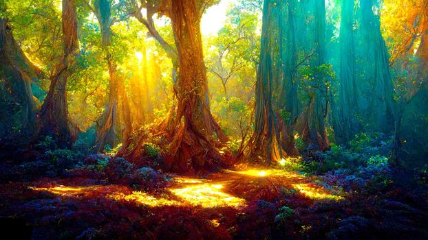 Magical fairytale forest with trees and fantastic bloom of super bright colors
