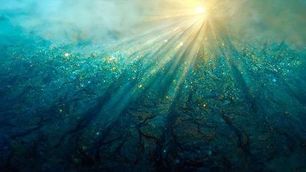 abstract texture of the underwater world with wooden algae and the rays of the sun through the turquoise in the water column