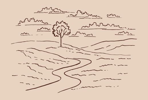 Rural landscape with road and tree. Hand drawn illustration converted to vector.