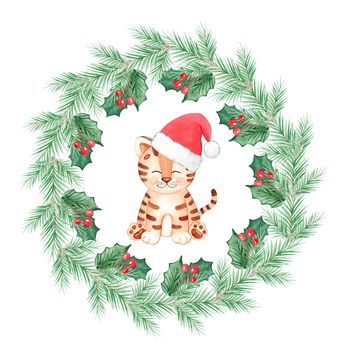 Watercolor tiger in fir wreath isolated on white. Santa tiger hand drawn illustration
