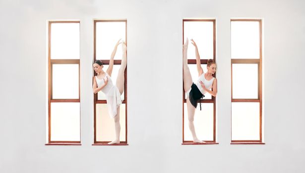 Ballet, art and dancers dancing on the window at the dance academy in a practice studio. Elegant team of ballerinas stretching, training and practicing a skill for classical recital performance.