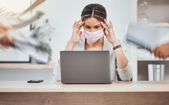 Professional woman, stress headache at work and given paperwork documents at office. Burnout, anxiety and depression develop in overworked employees. Risk of frustrated, anger and mental health issue