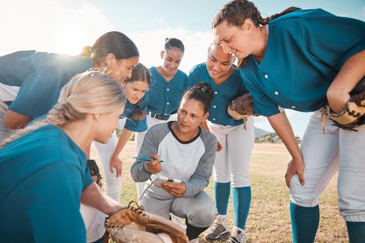 Coach of girl team in softball, planning with players before match or game. Trainer of woman baseball squad in huddle, talk on teamwork and strategy, motivation to win sport tournament or trophy