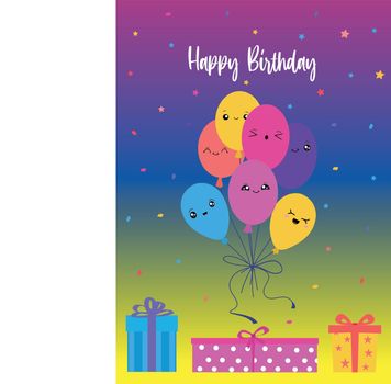 Balloons with congratulations inscription and gift boxes. Colorful balloons in kawaii style. Vector illustration isolated on white background.
