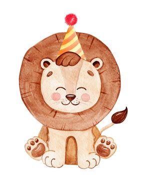 Watercolor lion in birthday hat isolated on white background