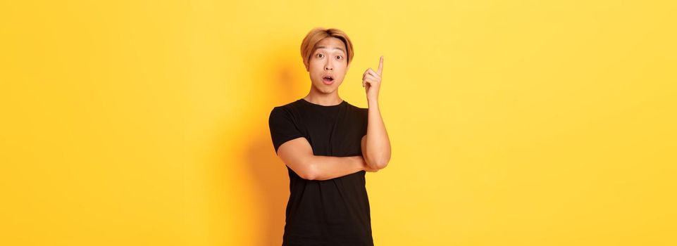 Portrait of thoughtful handsome asian man raising finger, suggesting idea, standing yellow background