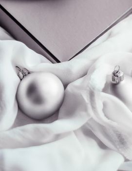 Christmas holiday background, festive baubles and silver vintage gift box as winter season present for luxury brand design