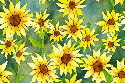 Watercolor seamless pattern with sunflowers. Yellow autumn sunflower flowers.