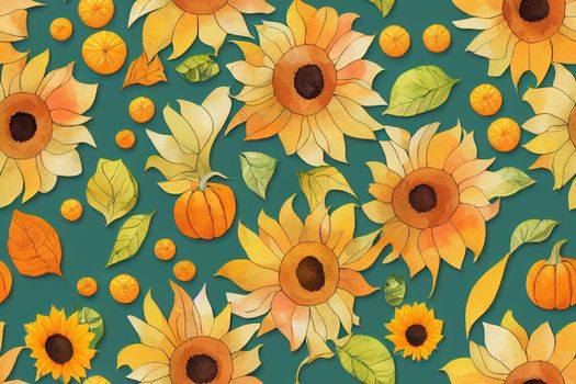 Seamless watercolor pattern with sunflowers, orange and green pumpkins,