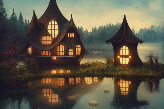 Fairytale acorn house on water 2d illustration
