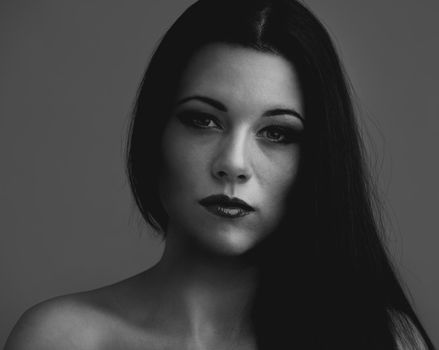 Intense and beautiful. Black and white portrait of a young woman.
